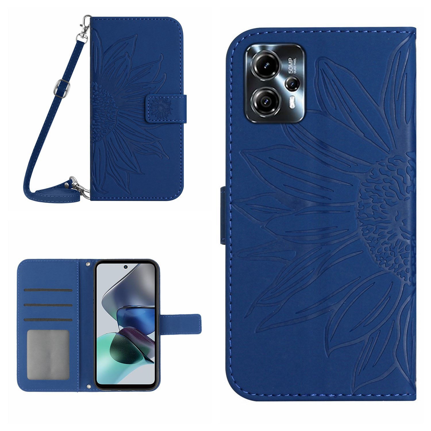 HT04 Flip Cover for Motorola Moto G23 4G G13 4G Shockproof Sunflower Imprinted Stand Wallet PU Leather Case with Shoulder Strap HT04 Flip Cover for Motorola Moto G23 4G G13 4G Shockproof Sunflower Imprinted Stand Wallet PU Leather Case with Shoulder Strap